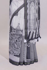 White architectural cityscape print linen cotton saree with contrast border and blouse