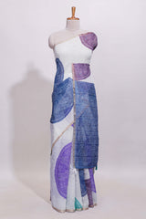 White bandhini designed linen cotton saree with self border and contrast blue blouse