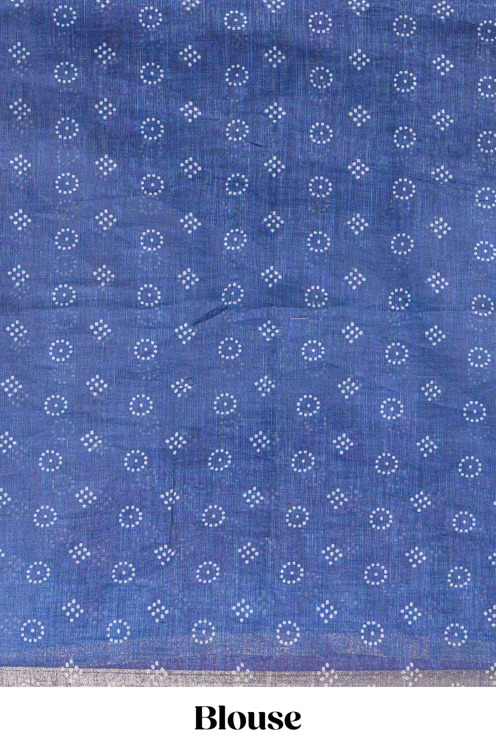 White bandhini designed linen cotton saree with self border and contrast blue blouse