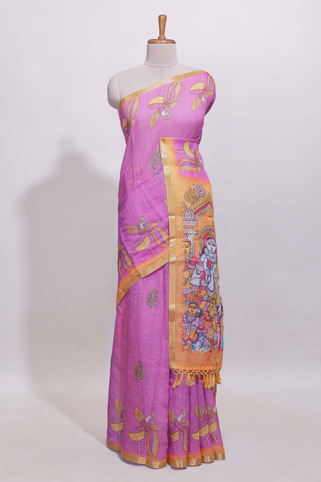 Pink stylized bird motifs linen cotton saree with contrast border and blouse