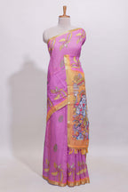 Pink stylized bird motifs linen cotton saree with contrast border and blouse