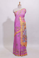 Pink stylized bird motifs linen cotton saree with contrast border and blouse