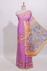 Pink stylized bird motifs linen cotton saree with contrast border and blouse