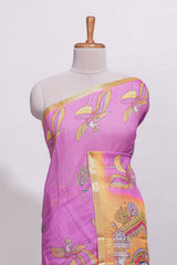 Pink stylized bird motifs linen cotton saree with contrast border and blouse