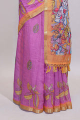Pink stylized bird motifs linen cotton saree with contrast border and blouse