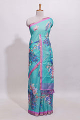 Blule shade peacock motifs linen cotton saree with contrast border and blouse