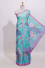 Blule shade peacock motifs linen cotton saree with contrast border and blouse