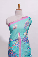Blule shade peacock motifs linen cotton saree with contrast border and blouse