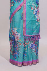 Blule shade peacock motifs linen cotton saree with contrast border and blouse