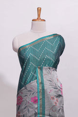 Teal green geometric designed linen cotton saree with contrast border and blouse
