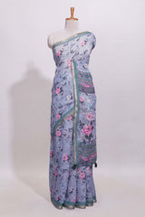 Grey shade floral designed linen cotton saree with contrast border and matching blouse
