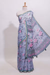 Grey shade floral designed linen cotton saree with contrast border and matching blouse