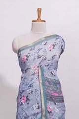 Grey shade floral designed linen cotton saree with contrast border and matching blouse