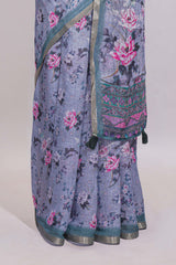 Grey shade floral designed linen cotton saree with contrast border and matching blouse