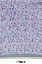 Grey shade floral designed linen cotton saree with contrast border and matching blouse