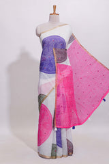 White bandhini designed linen cotton saree with self border and contrast pink blouse