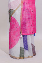 White bandhini designed linen cotton saree with self border and contrast pink blouse