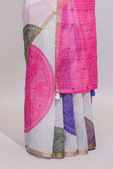 White bandhini designed linen cotton saree with self border and contrast pink blouse