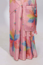 Peach floral design motifs linen cotton saree with self zari border and matching printed blouse