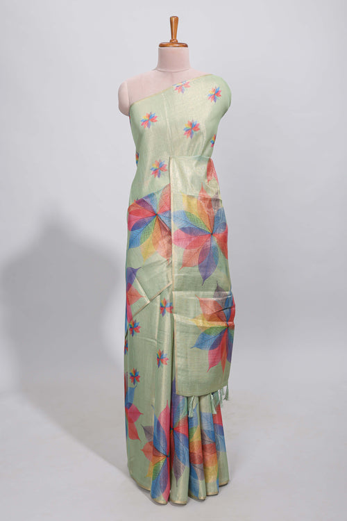 Green floral design motifs linen cotton saree with self zari border and matching printed blouse