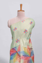 Green floral design motifs linen cotton saree with self zari border and matching printed blouse