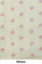 Green floral design motifs linen cotton saree with self zari border and matching printed blouse