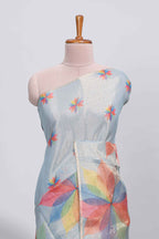 Blue floral design motifs linen cotton saree with self zari border and matching printed blouse