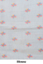 Blue floral design motifs linen cotton saree with self zari border and matching printed blouse