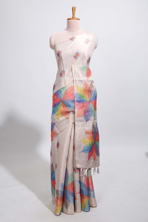 Beige floral design motifs linen cotton saree with self zari border and matching printed blouse