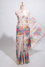 Beige floral design motifs linen cotton saree with self zari border and matching printed blouse