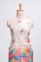 Beige floral design motifs linen cotton saree with self zari border and matching printed blouse