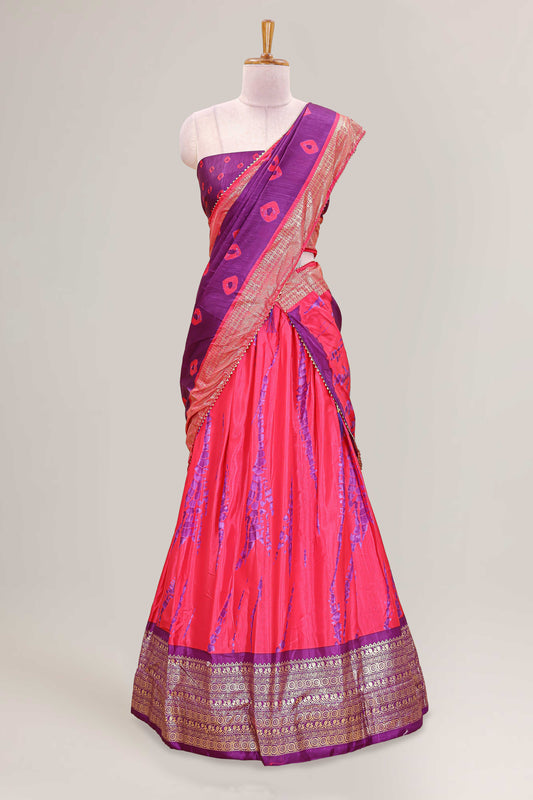 Pink dola silk bandhani designer lehenga with contrast blouse and dhavani