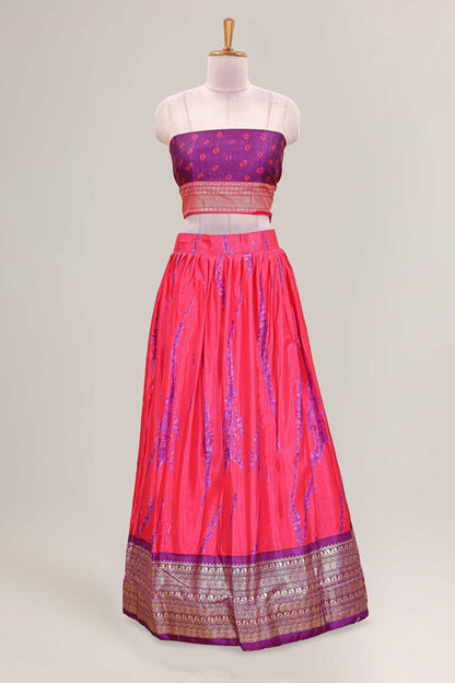 Pink dola silk bandhani designer lehenga with contrast blouse and dhavani