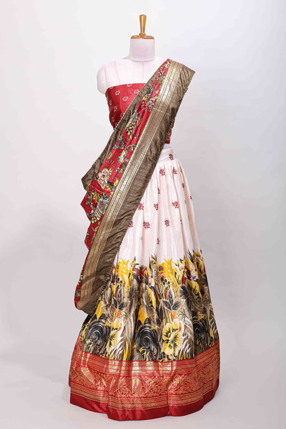 Cream dola silk floral printed lehenga with contrast blouse and dhavani