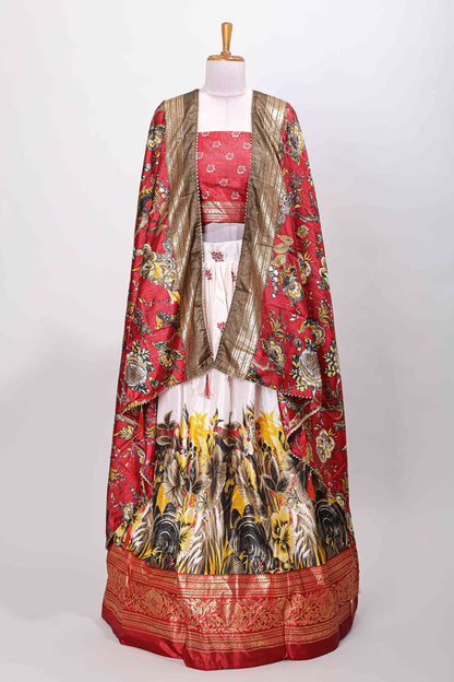 Cream dola silk floral printed lehenga with contrast blouse and dhavani