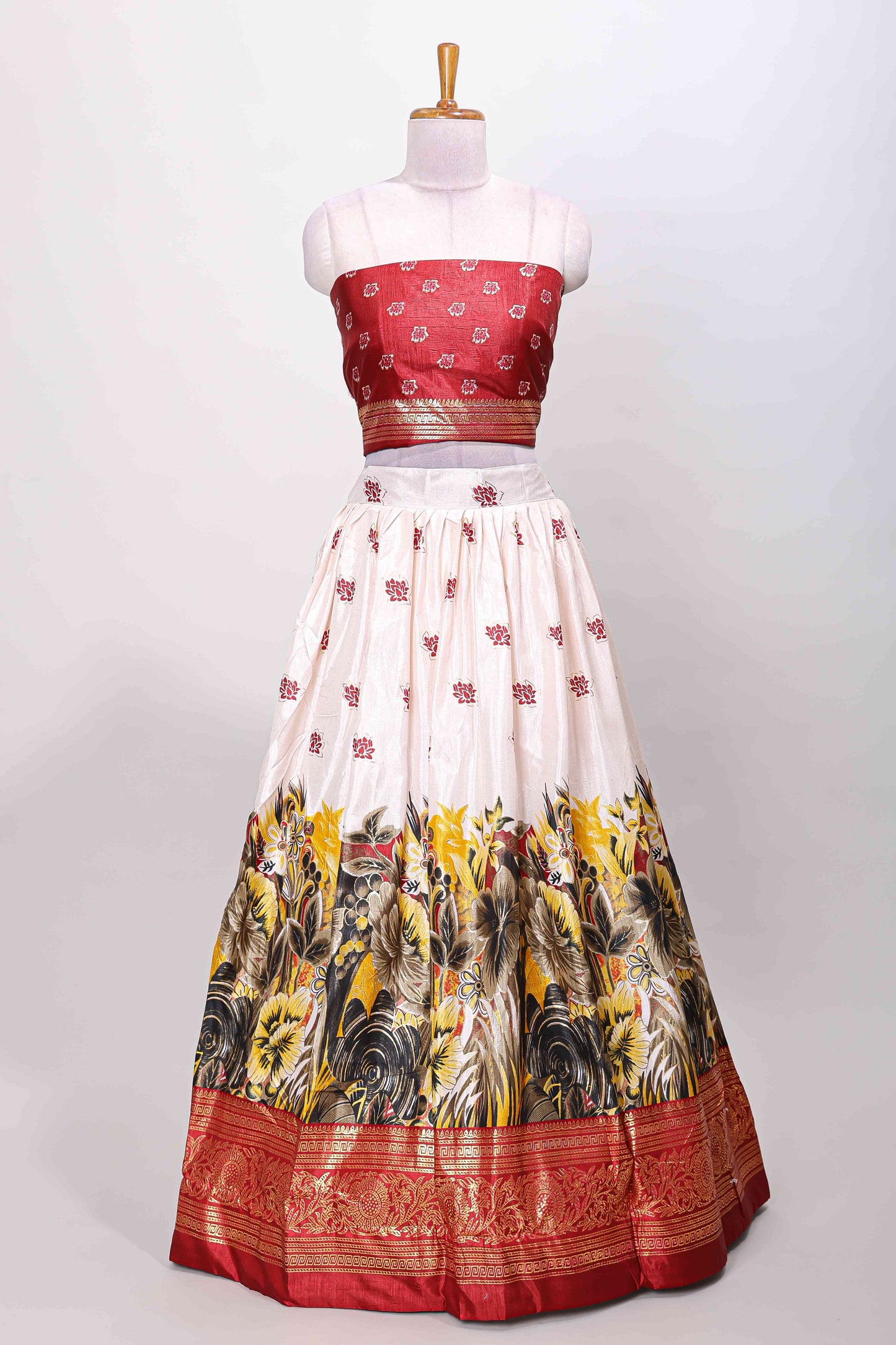 Cream dola silk floral printed lehenga with contrast blouse and dhavani