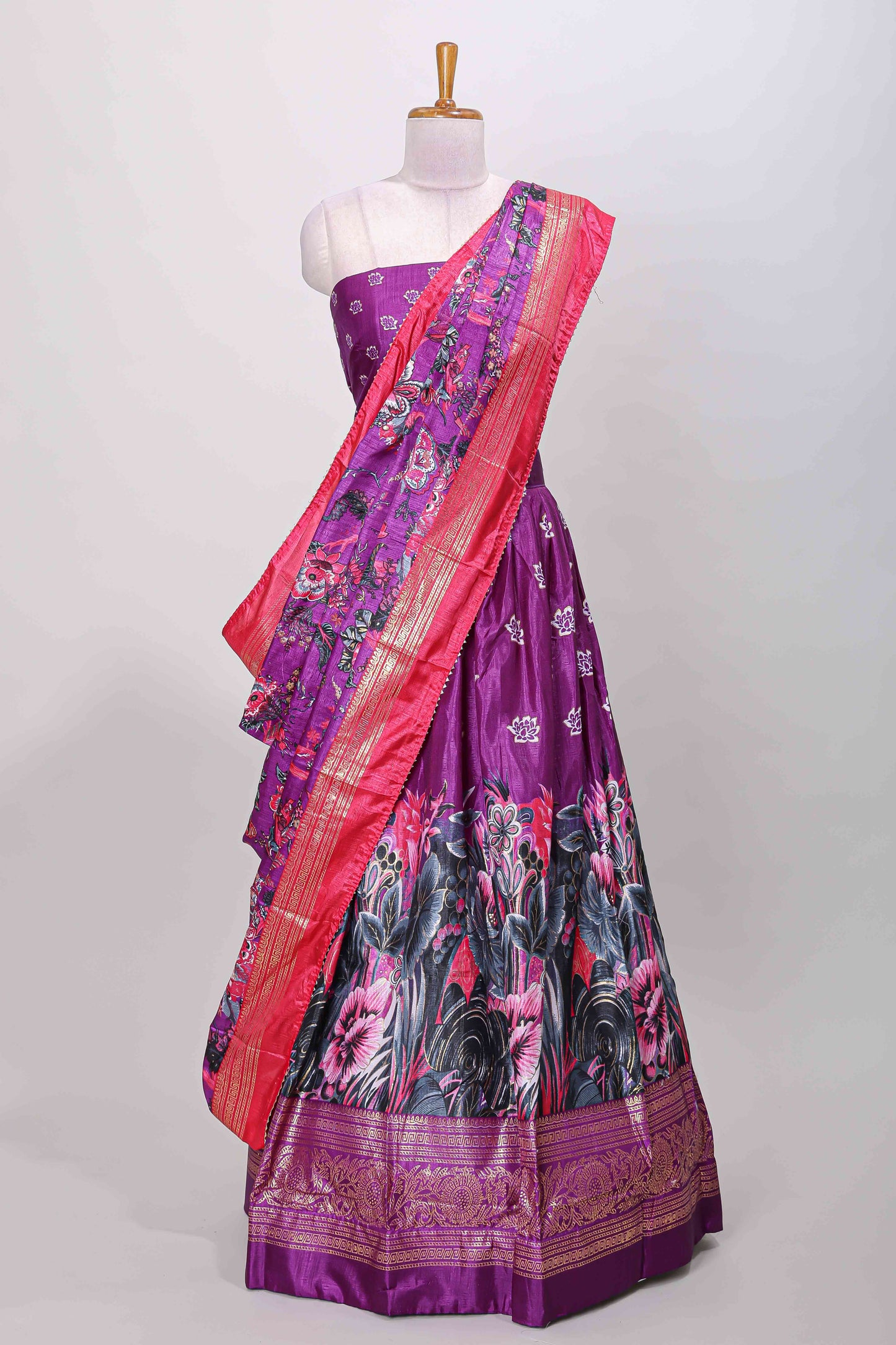 Purple dola silk floral printed lehenga with contrast blouse and dhavani