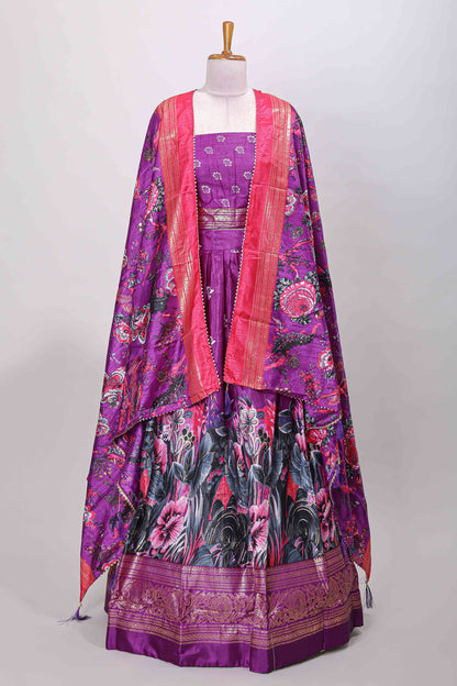 Purple dola silk floral printed lehenga with contrast blouse and dhavani