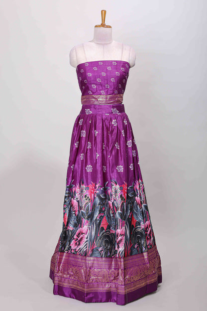 Purple dola silk floral printed lehenga with contrast blouse and dhavani