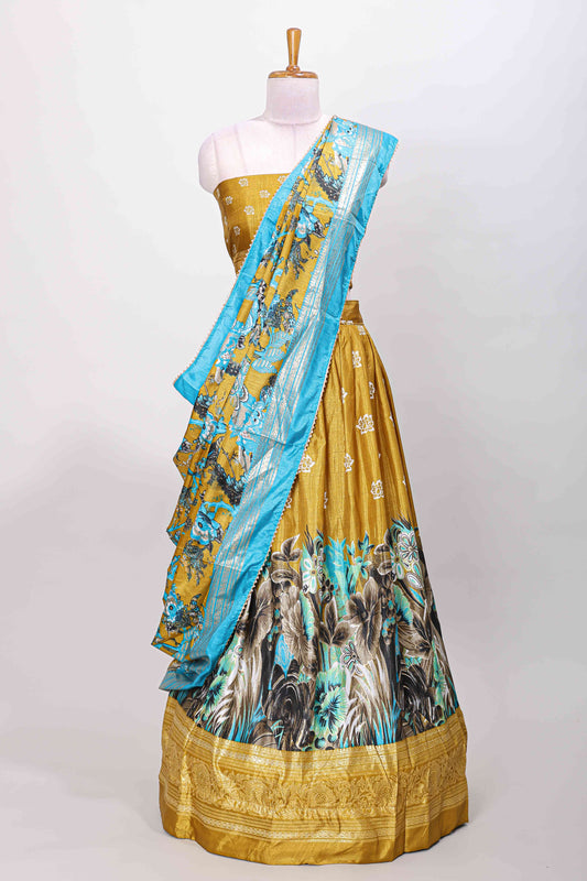 Mustard dola silk floral printed lehenga with contrast blouse and dhavani