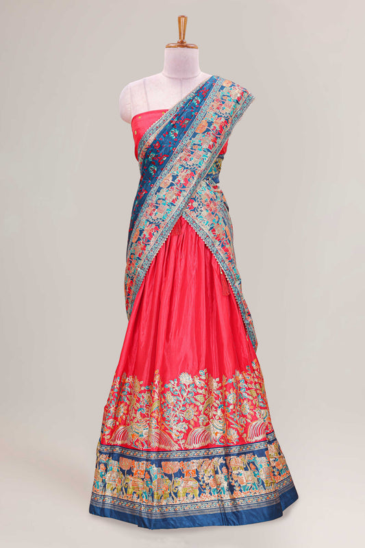 Pink dola silk floral printed peacock design lehenga with contrast blouse and dhavani