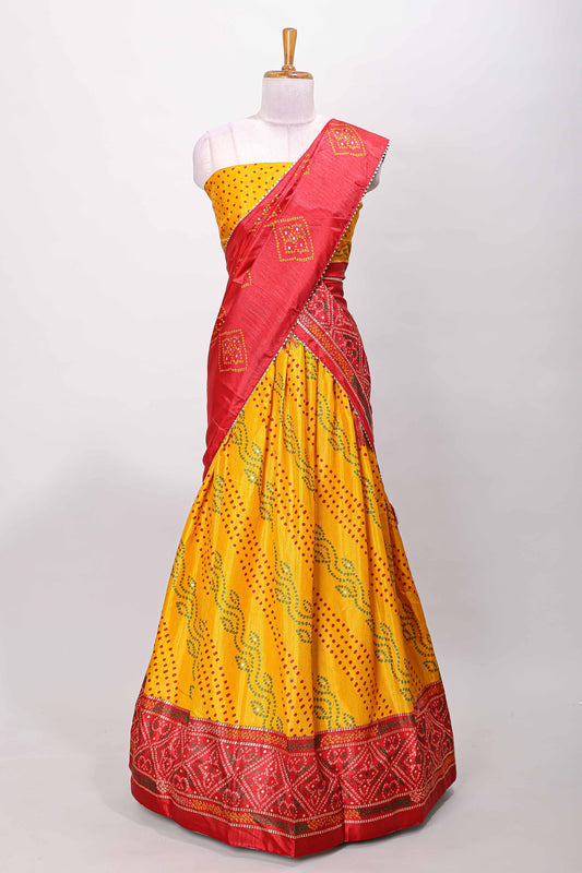 Yellow dola silk bandhani dotted stripe lehenga set with contrast dhavani