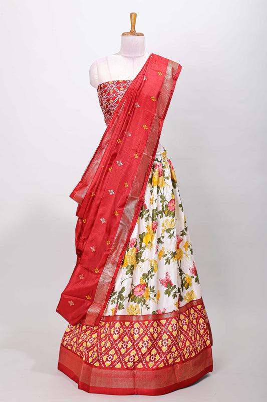 White dola silk floral lehenga with maroon pochampalli border and floral butta dhavani