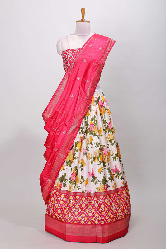 White dola silk floral lehenga with pink pochampalli border and floral butta dhavani