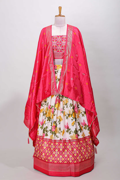 White dola silk floral lehenga with pink pochampalli border and floral butta dhavani