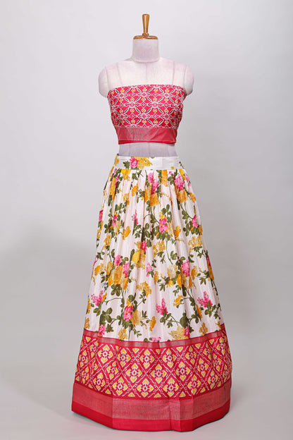 White dola silk floral lehenga with pink pochampalli border and floral butta dhavani