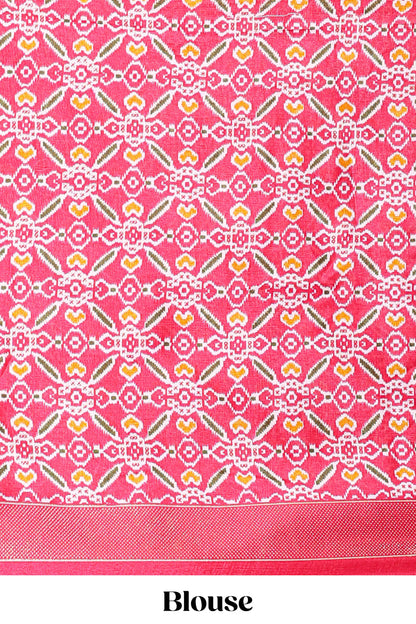 White dola silk floral lehenga with pink pochampalli border and floral butta dhavani