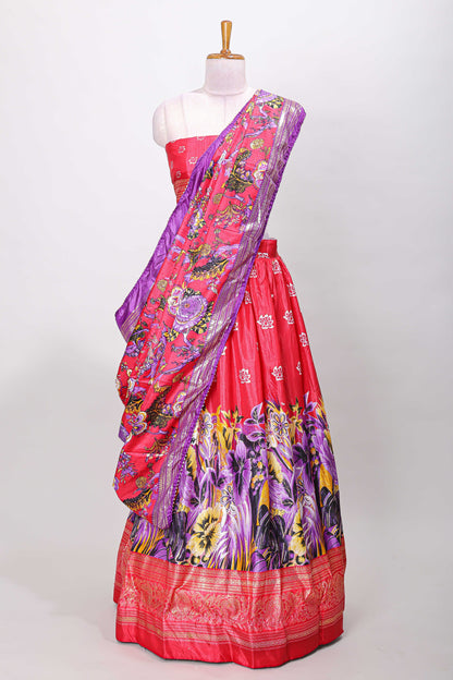 Pink dola silk floral printed lehenga with matching blouse and dhavani