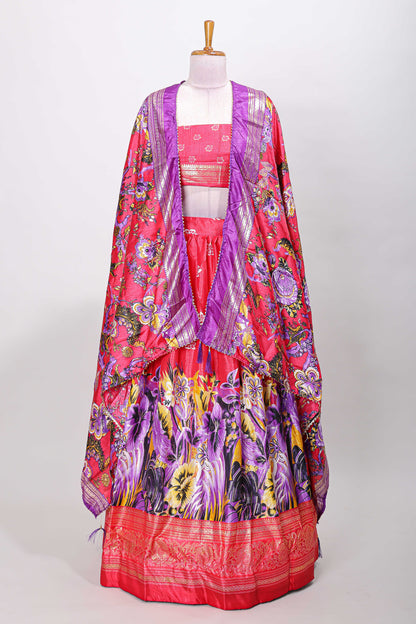 Pink dola silk floral printed lehenga with matching blouse and dhavani