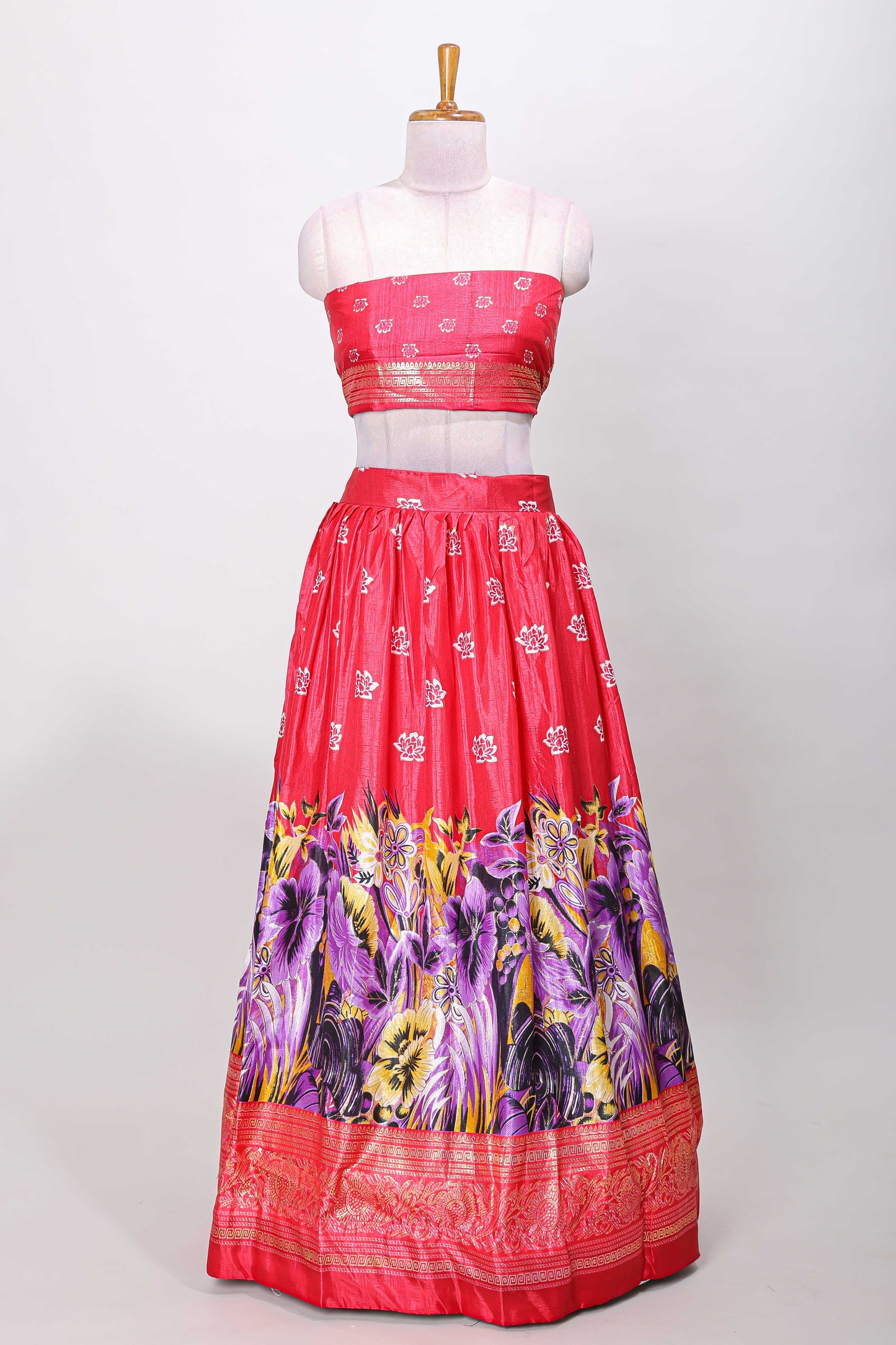 Pink dola silk floral printed lehenga with matching blouse and dhavani